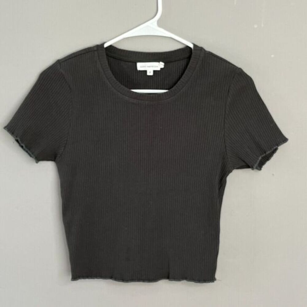 Good American Rib Knit Cropped Short Sleeve Top Womens 2 Dark Green Stretch Boho